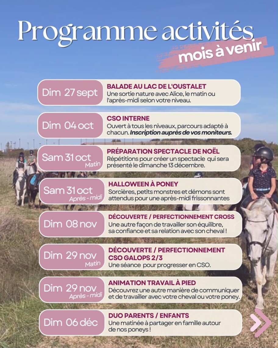 Programme des activités du Poney Club de Sevennes de septembre à décembre 2026